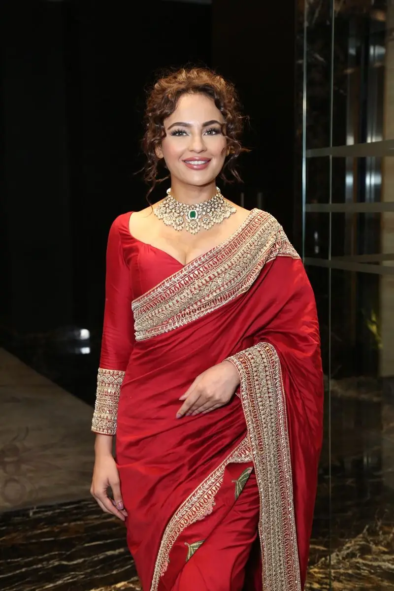 Telugu Actress Seerat Kapoor Red Saree at Manamey Movie Release Event